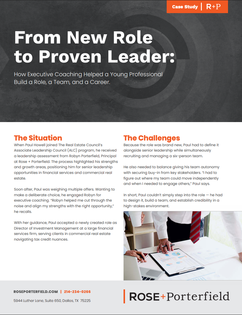 First page of the case study titled, "From New Role to Proven Leader: How Executive Coaching Helped a Young Professional Build a Role, a Team, and a Career."